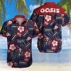 Oasis Floral And Leaves Pattern Curved Hawaiian Shirt In Blue And Red