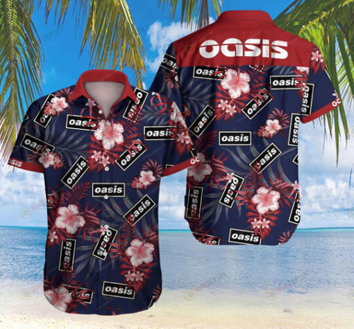 Oasis Floral And Leaves Pattern Curved Hawaiian Shirt In Blue And Red