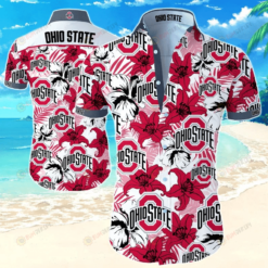 Ohio State Flower & Leaf Pattern Curved Hawaiian Shirt In Red & White