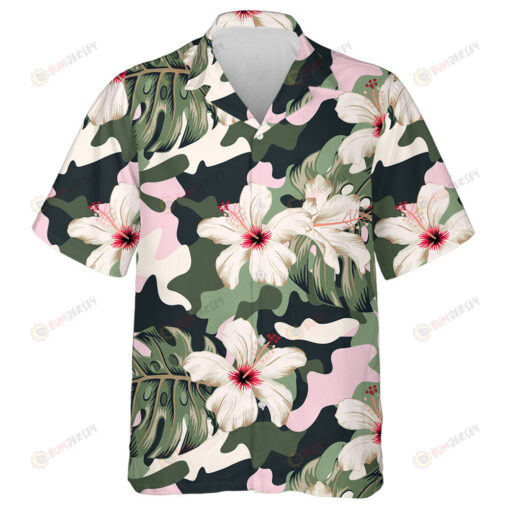 Oil Painting Tropical Hibiscus Flowers Monstera Palm Leaves Camo Hawaiian Shirt