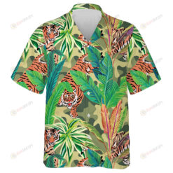 Oil Painting Wild Animals Tiger Palm Trees Green Camo Pattern Hawaiian Shirt