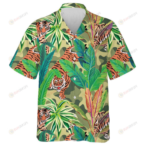 Oil Painting Wild Animals Tiger Palm Trees Green Camo Pattern Hawaiian Shirt