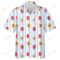 Orange Sunflower Pattern on Blue Vertical Striped Textured Backdrop Hawaiian Shirt