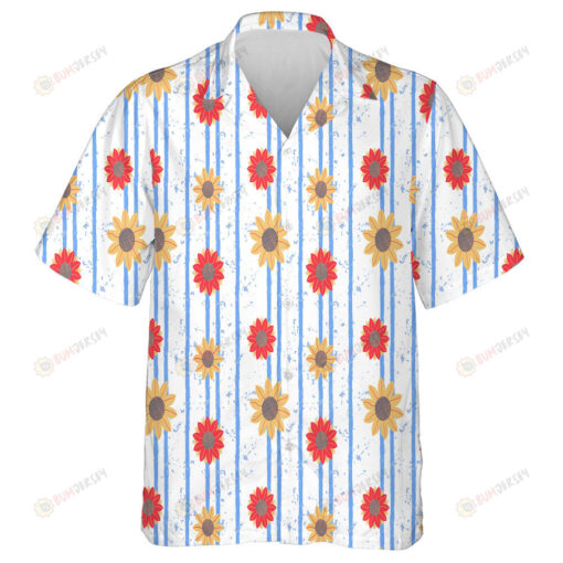 Orange Sunflower Pattern on Blue Vertical Striped Textured Backdrop Hawaiian Shirt