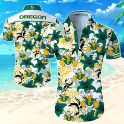 Oregon Ducks Floral & Leaf Pattern Curved Hawaiian Shirt In Colorful