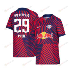 Oskar Preil 29 RB Leipzig 2023-24 Away YOUTH Jersey - Red Blue