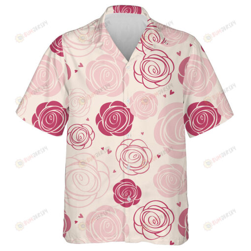 Outline Beautiful Pink Rose With Little Hearts Pattern Beige Theme Hawaiian Shirt