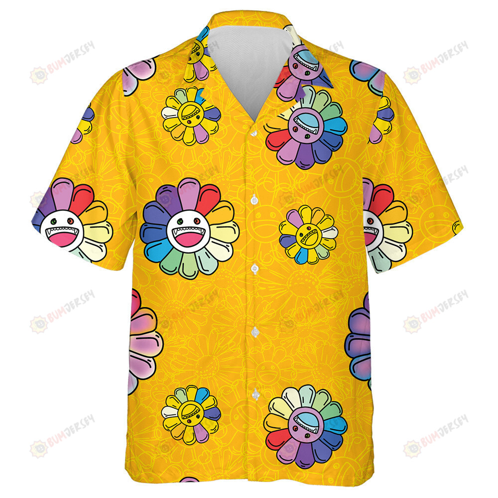 Outline Doodle Style With Smile Rainbow Sunflower On Yellow Background Hawaiian Shirt