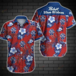 Pabst Blue Ribbon Flower & Leaf Pattern Curved Hawaiian Shirt In Red & Blue