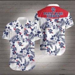 Pabst Blue Ribbon Flower & Leaf Pattern Curved Hawaiian Shirt In White & Blue