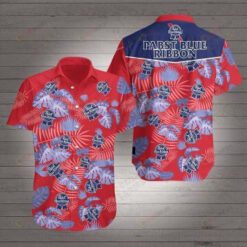 Pabst Blue Ribbon Leaf Pattern Curved Hawaiian Shirt In Red & Dark Blue