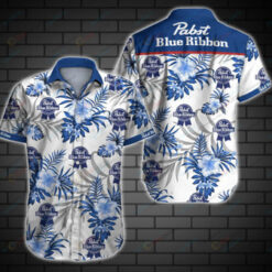 Pabst Blue Ribbon Leaf & Flower Pattern Curved Hawaiian Shirt In Blue & White