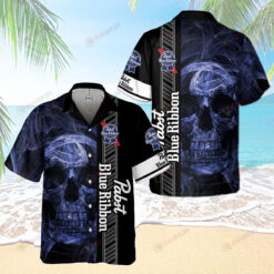 Pabst Blue Ribbon Skull Smoke Hawaiian Shirt In Black