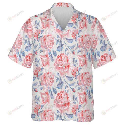 Painting Pattern With Roses Flower Buds And Leaves Hawaiian Shirt