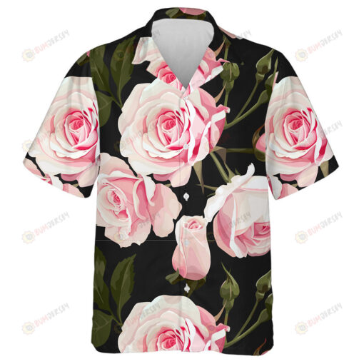 Pale Pink Rose Bouquet Green Leaves On Dark Background Hawaiian Shirt