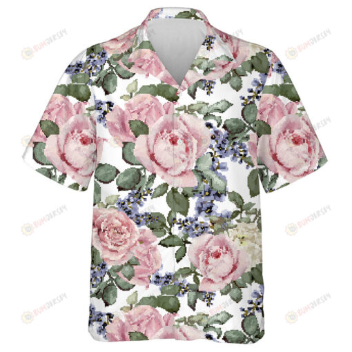 Pale Pink Rose With Little Purple Flower Branch Watercolor Art Hawaiian Shirt