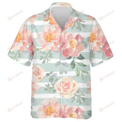 Pale Pink Roses Peonies And Greey Leaves Watercolor Art Hawaiian Shirt