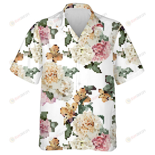 Pastel Pink And White Cream Rose Peonies Green Leaves Pattern Hawaiian Shirt