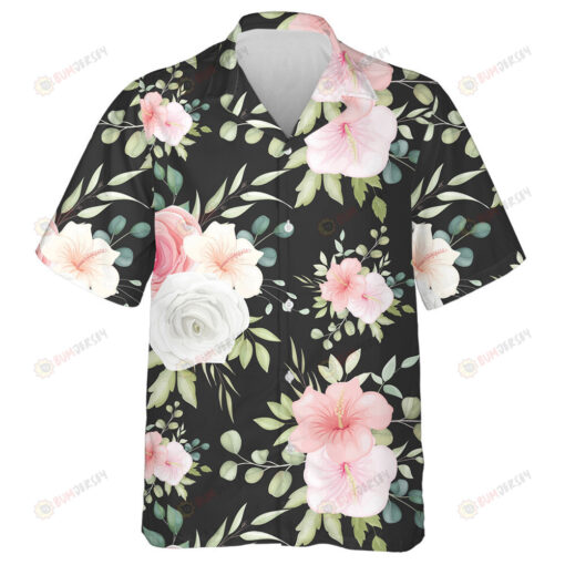 Pastel Pink And White Rose Floral Green Leaves Design Hawaiian Shirt