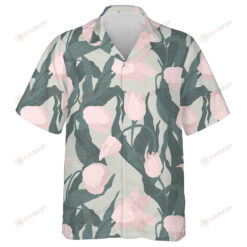 Pastel Pink Tulip Flowers On Light Green Background Sketch Pattern Hawaiian Shirt