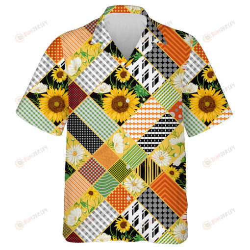 Patchwork Pattern With Sunflowers White Chamomile Flowers And Geometric Ornament Hawaiian Shirt