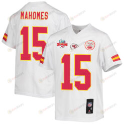 Patrick Mahomes 15 Kansas City Chiefs Super Bowl LVII Champions 3 Stars Youth Jersey - White