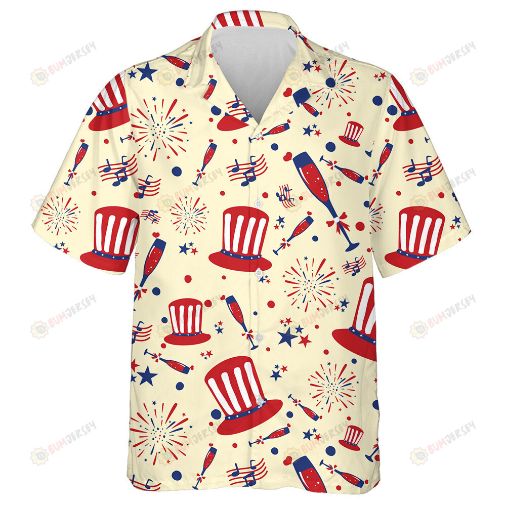 Patriotic Cocktail Glass With Uncle Sam Hat And Fireworks Pattern Hawaiian Shirt