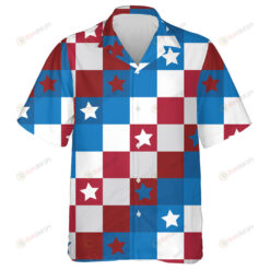 Patriotic Red White And Blue Colored Square And Star Pattern Hawaiian Shirt