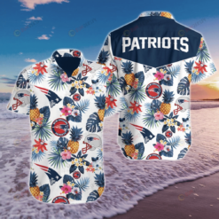 Patriots Floral & Pineapple Pattern Curved Hawaiian Shirt In Blue & White