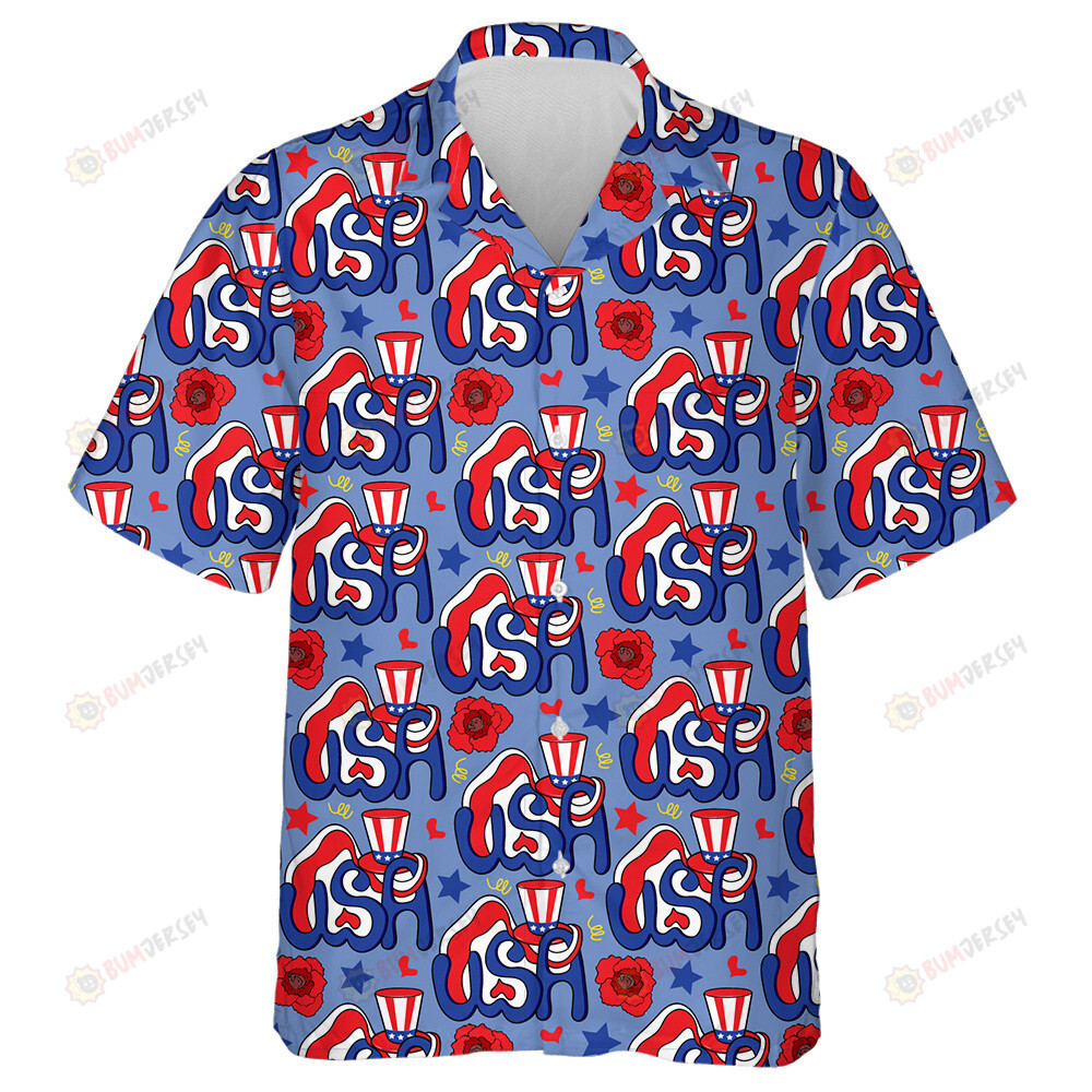 Patrotic Red Flower With USA Uncle Sam On Blue Background Hawaiian Shirt