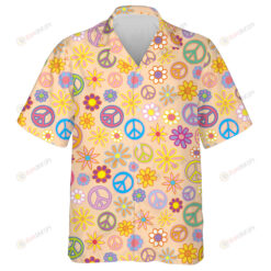 Pattern Of Flowers And Hippie Peace Symbol On White Background Hawaiian Shirt