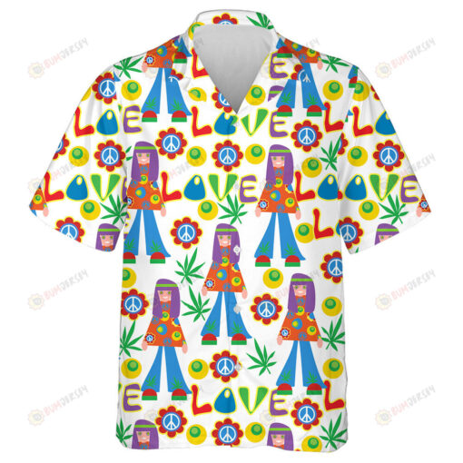 Pattern Of Flowers And Peace Signs Intermingled Hand Drawn Hawaiian Shirt
