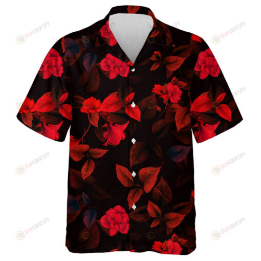 Pattern Of Red Flowers And Leaves Branches On Black Design Hawaiian Shirt