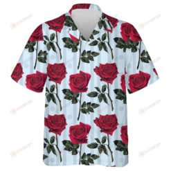 Pattern Of Red Flowers Roses And Leaves On Striped Background Hawaiian Shirt