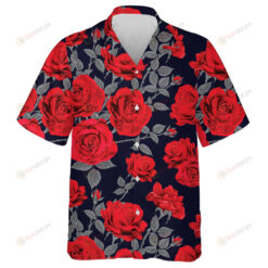 Pattern Of Red Rose Flowers Vintage Abstract Dark Blue Background Hawaiian Shirt