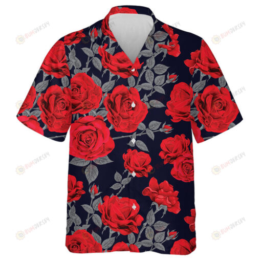 Pattern Of Red Rose Flowers Vintage Abstract Dark Blue Background Hawaiian Shirt