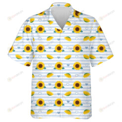 Pattern Of Sunflower And Leaf On Pastel Blue Striped Background Hawaiian Shirt