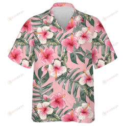 Pattern Pink Hibiscus Flowers On Isolated Dark Pink Pastel Background Hawaiian Shirt