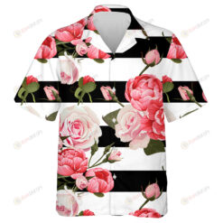 Peony Pink Roses Branch On Black White Stripes Design Hawaiian Shirt