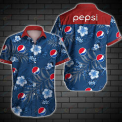 Pepsi Leaf & Flower Pattern Curved Hawaiian Shirt In Red & Blue