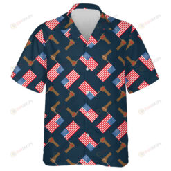 Person Holding USA Flag In Hand Pattern On Dark Blue Background Hawaiian Shirt