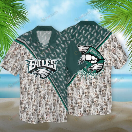 Philadelphia Eagles Floral Logo Pattern Curved Hawaiian Shirt In Green & White
