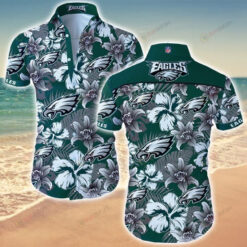 Philadelphia Eagles Floral & Leaf Pattern Curved Hawaiian Shirt In Green & Grey