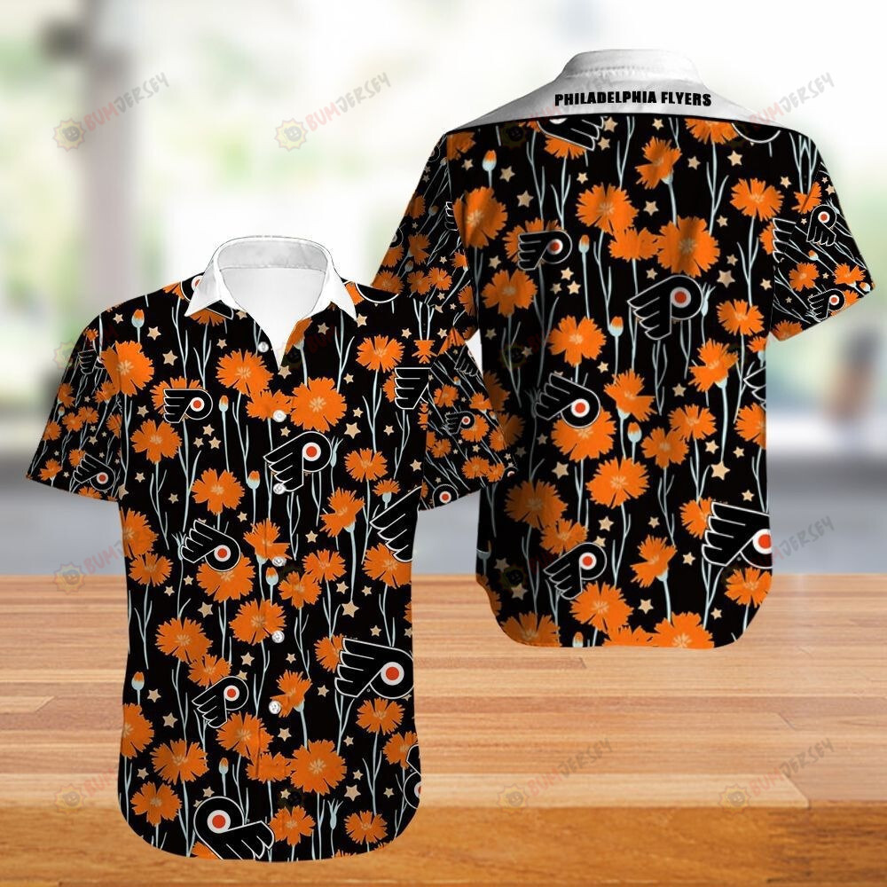 Philadelphia Flyers Floral Pattern Curved Hawaiian Shirt In Orange & Black