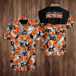 Philadelphia Flyers Floral & Leaf Pattern Curved Hawaiian Shirt In Orange & Black