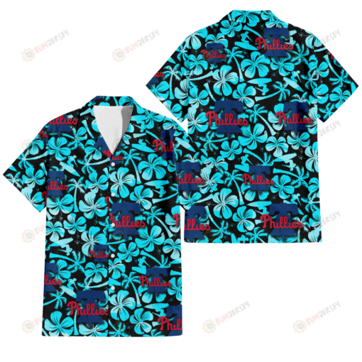 Philadelphia Phillies Blue Hibiscus Blue Coconut Tree Black Background 3D Hawaiian Shirt