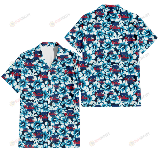 Philadelphia Phillies Blue Line White Hibiscus Black Background 3D Hawaiian Shirt