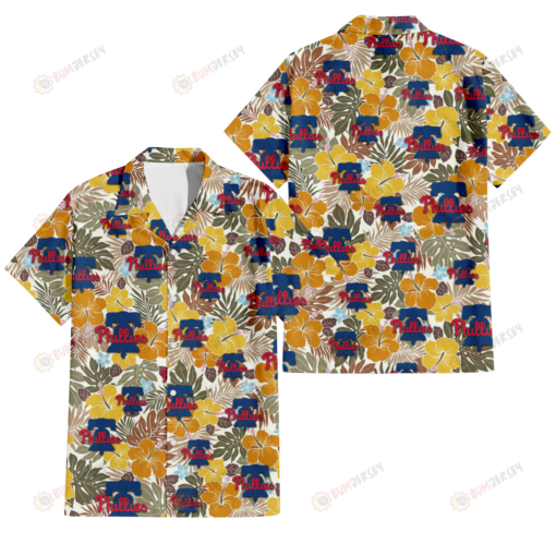 Philadelphia Phillies Brown Yellow Hibiscus White Background 3D Hawaiian Shirt