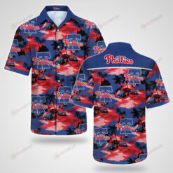 Philadelphia Phillies Coconut Tree Pattern Curved Hawaiian Shirt In Red & Blue