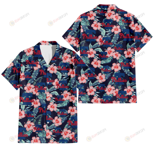 Philadelphia Phillies Coral Hibiscus Green Banana Leaf Black Background 3D Hawaiian Shirt